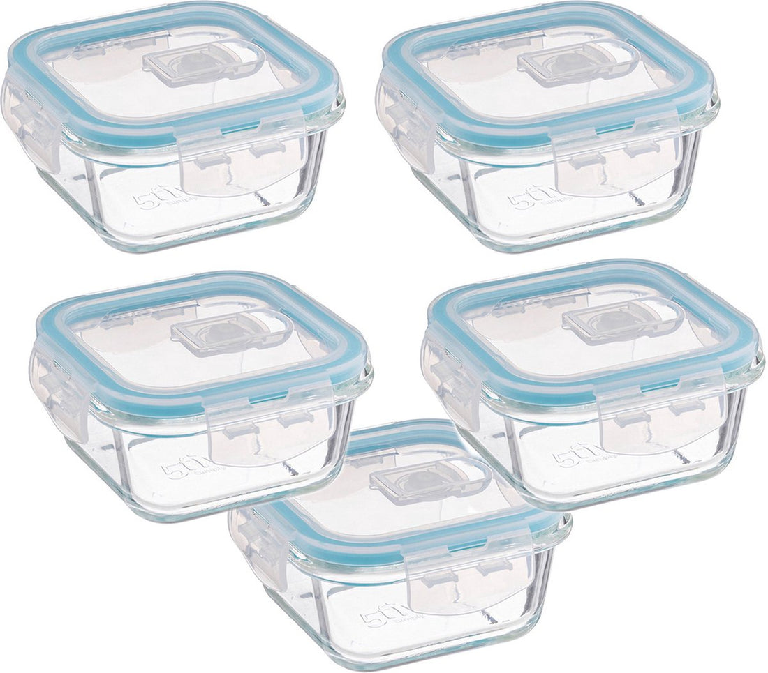 Lot de 5 boîtes repas en verre cristallin – Récipients de conservation de 330 ml avec bord bleu clair – Boîte repas en verre pour salade, snacks ou préparation de repas – 12 x 12 x 6,5 cm