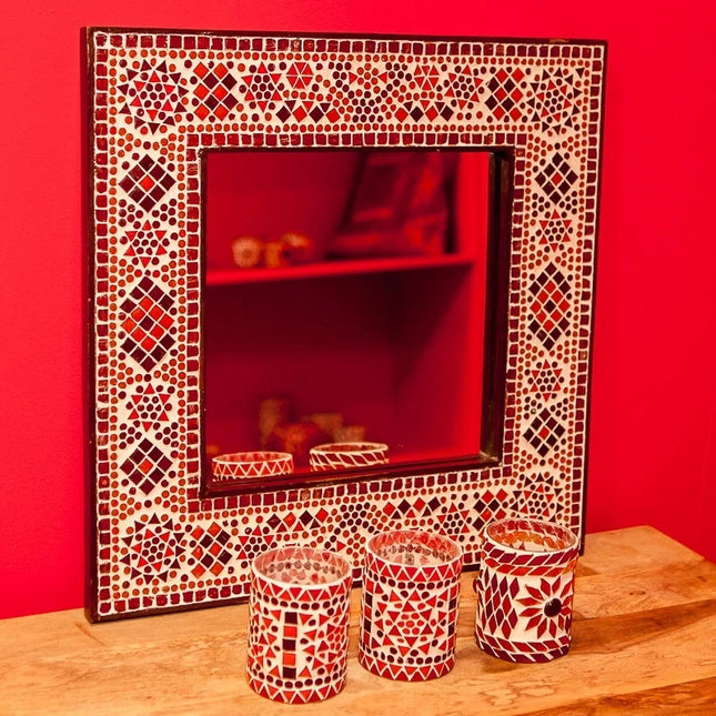 Oosterse spiegel met mozaïek lijst – rood-oranje, vierkant, 50 x 50 cm