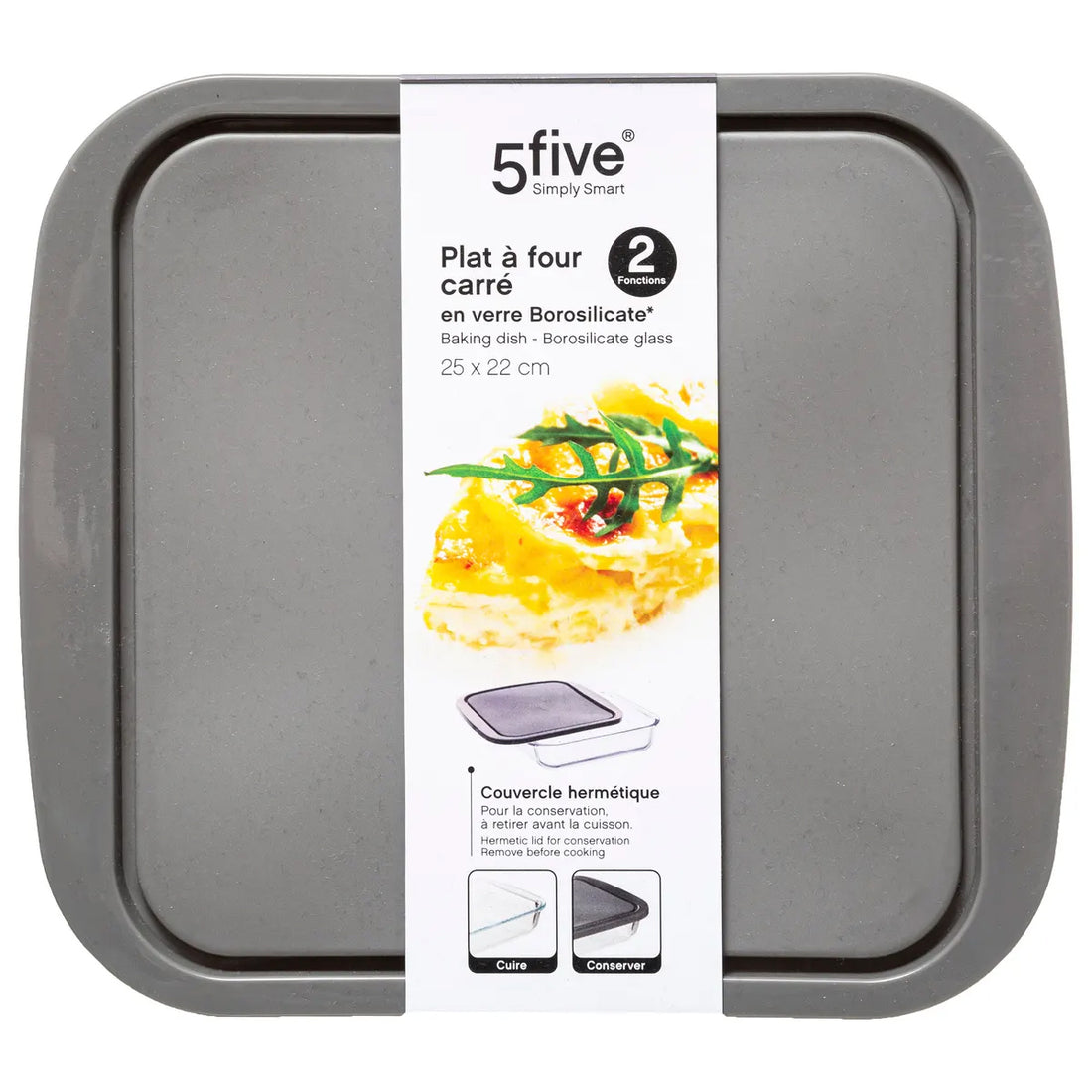 5Five Oven dish with lid - borosilicate glass - square - 1.8 Liter - 22 x 22 x 5 cm