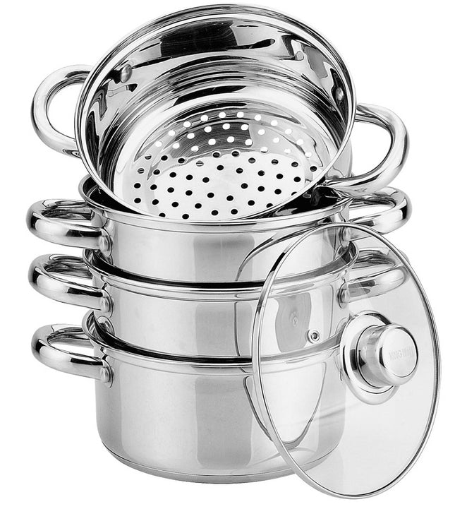Stoompan voor couscous en rijst – 5-delig, RVS met glazen deksel, Ø 18 cm