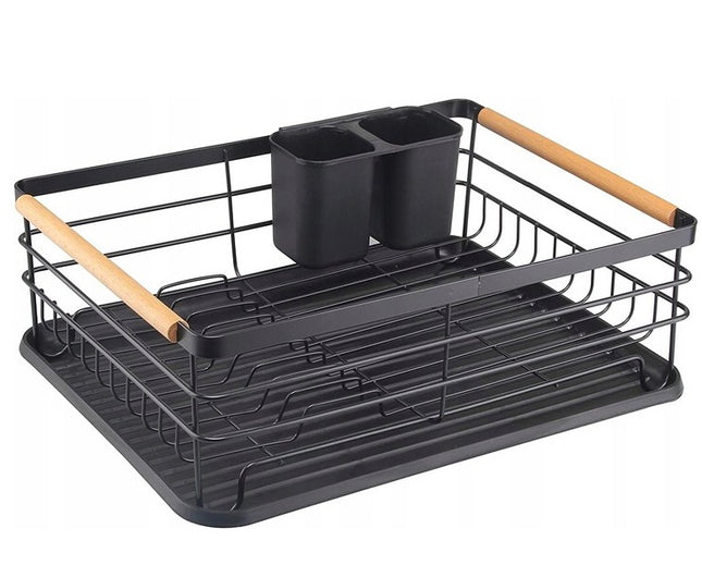 Dish rack with removable drip tray with wooden handles