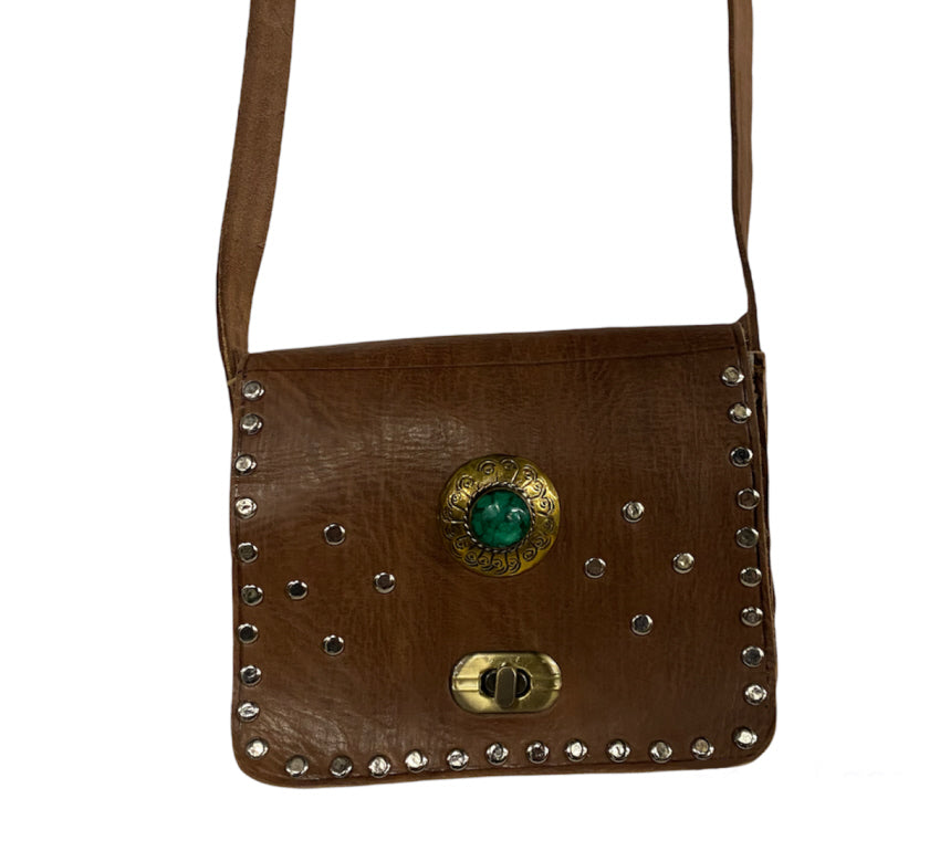 Marokkaanse leren crossbody tas – handgemaakt, cognac, 17 x 15 cm