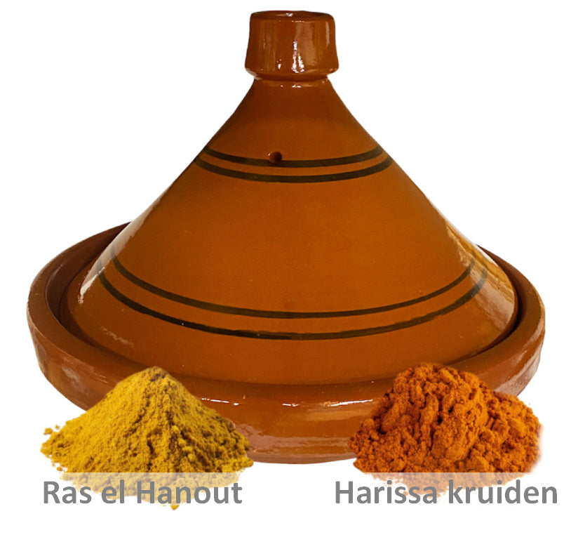Earthenware tagine 30 cm with Ras el hanout and Harissa spices