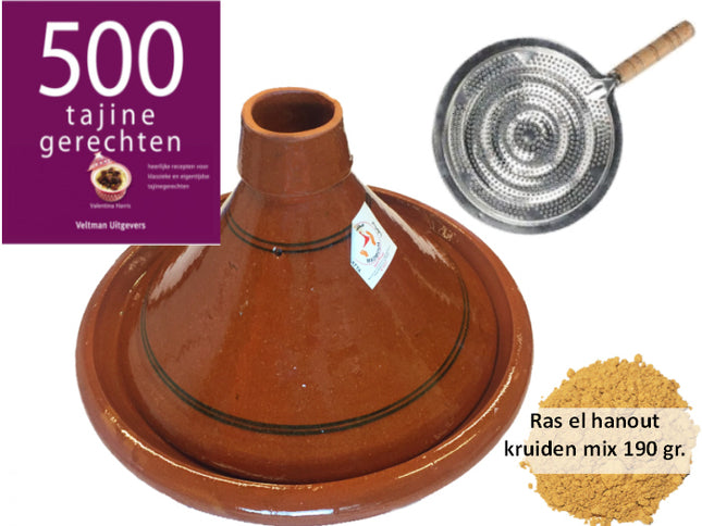 Tajine voordeelpakket 35 cm – aardewerk tajine, vlammenverdeler en kookboek