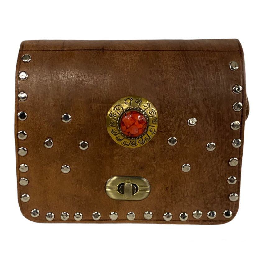 Marokkaanse leren crossbody tas – handgemaakt, cognac, 17 x 15 cm