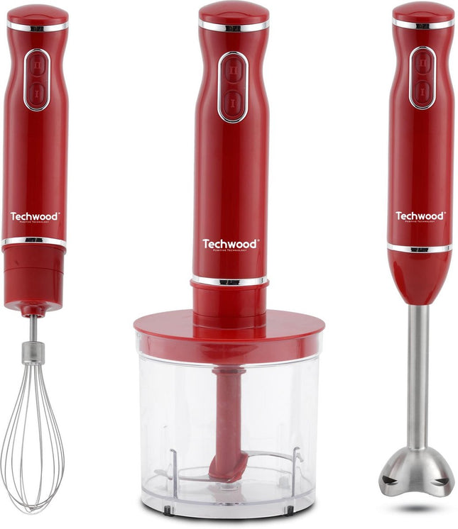Techwood staafmixerset 3-in-1, rood – 600 W met hakmolen, garde en mengbeker