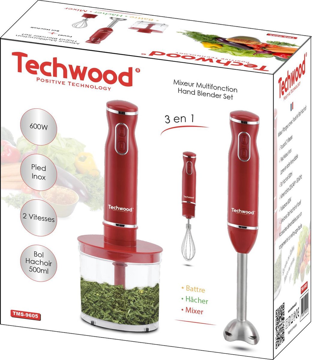 Techwood staafmixerset 3-in-1, rood – 600 W met hakmolen, garde en mengbeker – foto 2