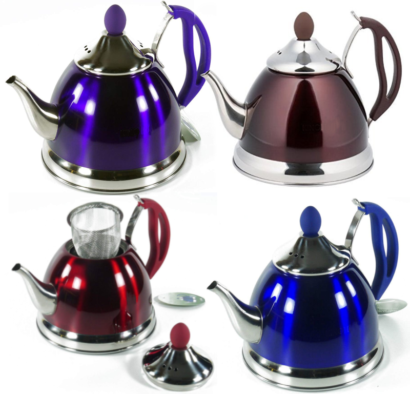 Kinghoff theepot RVS 1 liter met filter – ook voor inductie, in 4 kleuren