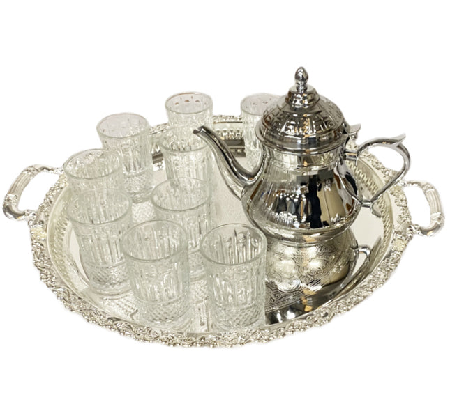 Marokkaanse familie theeset – theepot 1,2 liter, dienblad 32 cm en 6 glazen