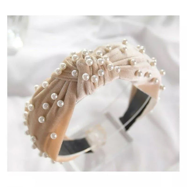 Elastische haarband van velvet met parels – crème, 4 cm breed