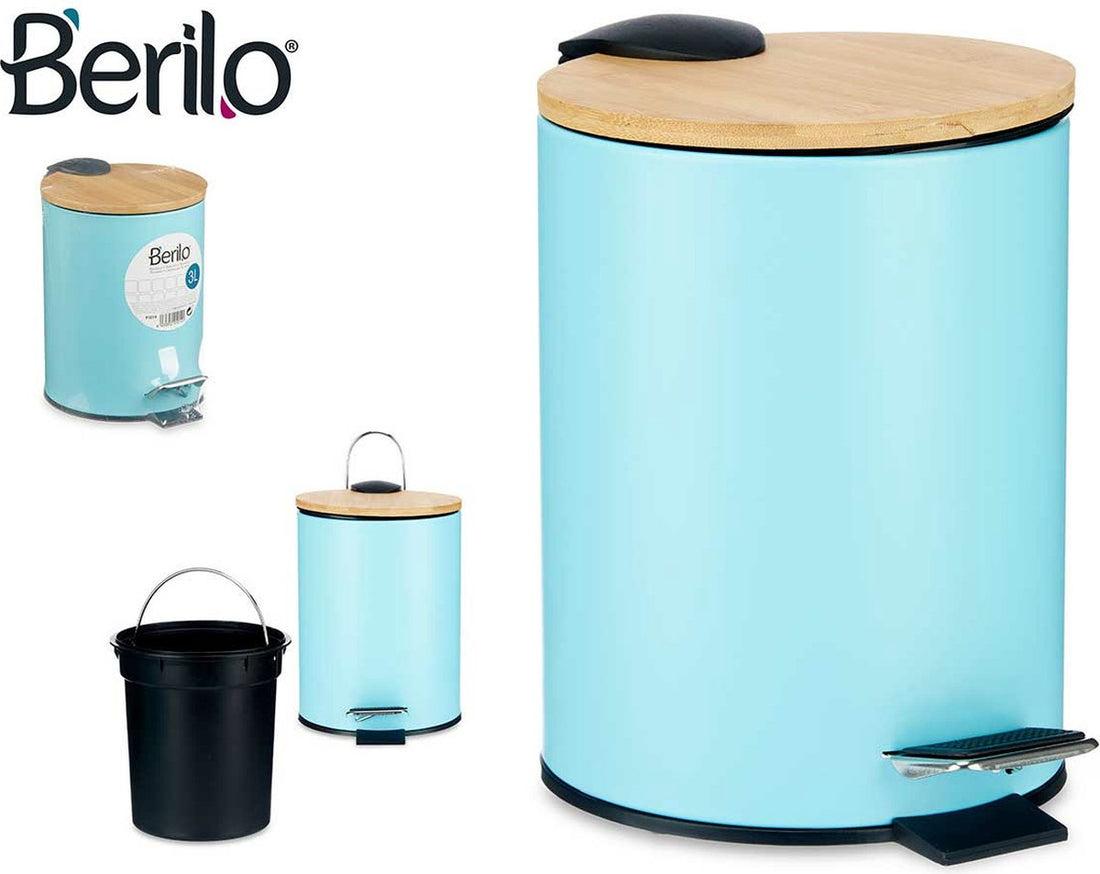 Waste bin / pedal bin - 3 litres - metal / bamboo - 17 x 23.5 cm
