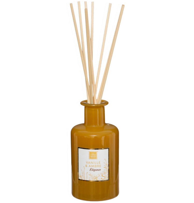 Geurverspreider vanille en amber, 200 ml – glazen fles met 8 rotanstokjes