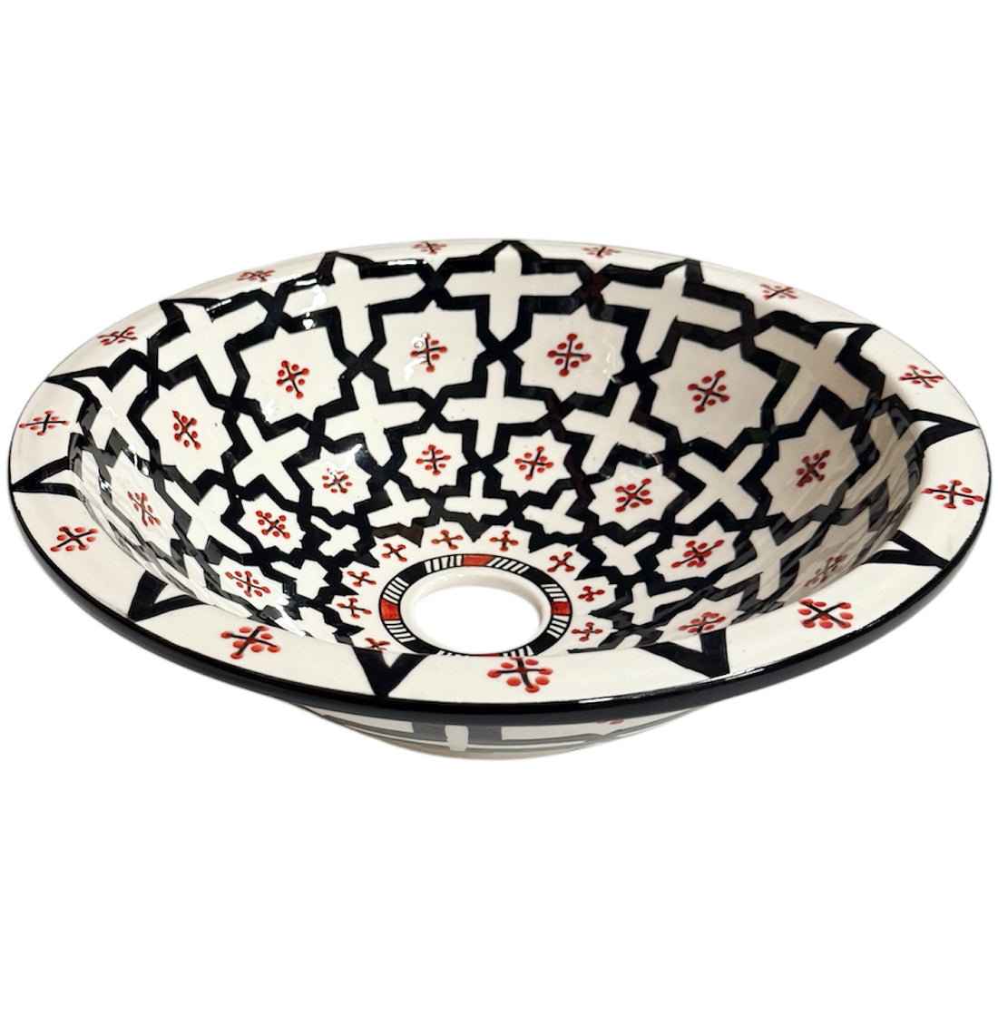 Marokkaanse waskom Fez – handbeschilderd keramiek, zwart, wit en rood – foto 3