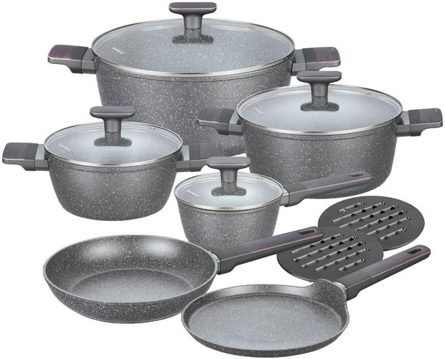 Klausberg 12-delige pannenset met marmeren coating – grijs, glazen deksels